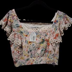 Elliatt Multicolor Floral Eyelet Cropped Top Cottagecore Boho Flutter Small